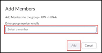 Zoom add members screen with text entry box and "Add" button highlighted. Zoom add members screen with text entry box and "Add" button highlighted.