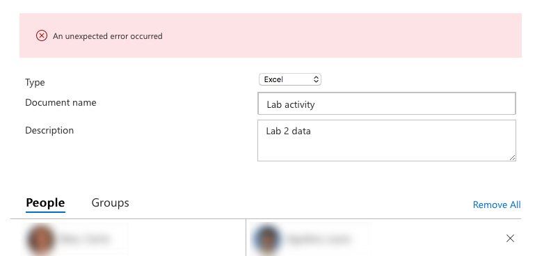 Canvas screenwhot with "An unexpected error occurred" error in a pink bar. Canvas screenwhot with "An unexpected error occurred" error in a pink bar.