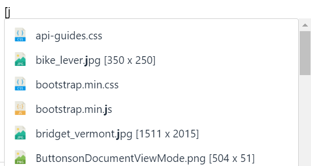 Image showing "[j" entered into the body with a dropdown showing a number of available attachment files, where the letter "j" is bolded in file names