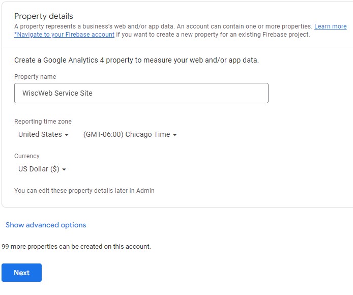 Option fields for creating a property