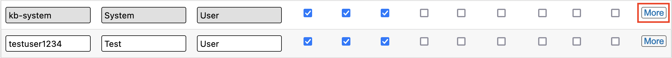 Image of two user entries, with the "More" button highlighted at the end of the row.