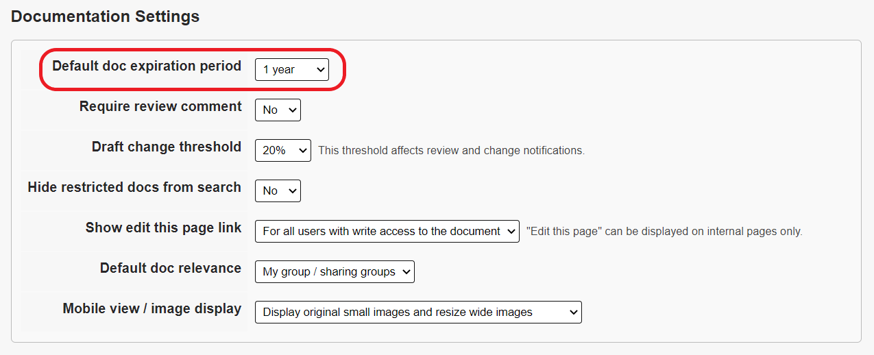 The Documentation Settings section. The Default doc expiration field is circled in red.