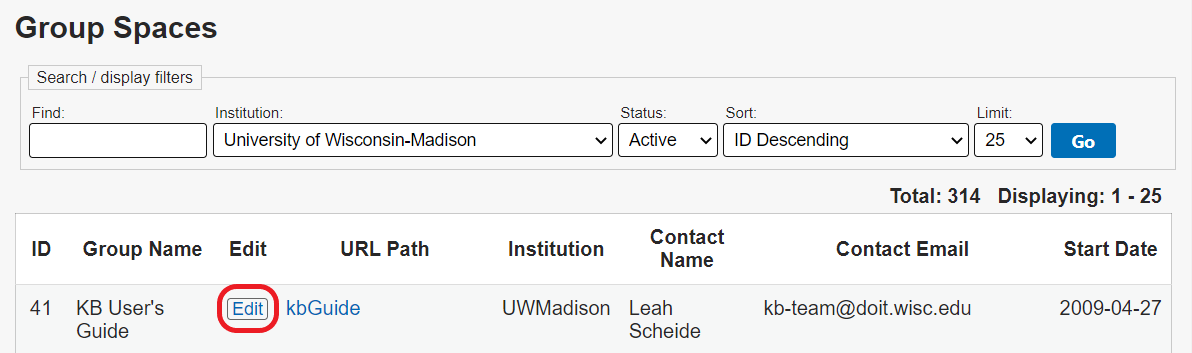 The Group Spaces screen. The Edit link in the results table is circled in red.